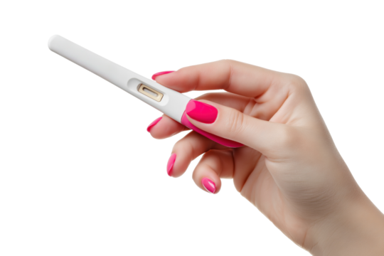 Woman's hand holding a white pregnancy test with pink nails isolated on a transparent background image
