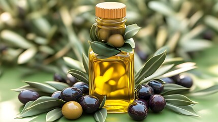 Olive oil bottle surrounded by olives and leaves (9)