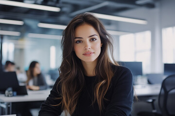 Confident woman works in modern office. Young professional poses. For marketing, corporate design, web use.