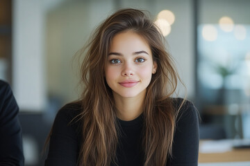 Young woman smiles at camera. Portrait showcases brown hair, green eyes. Ideal for beauty, marketing, editorial, web use.