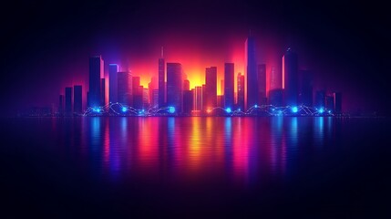Futuristic cityscape at night, vibrant neon lights reflecting on water