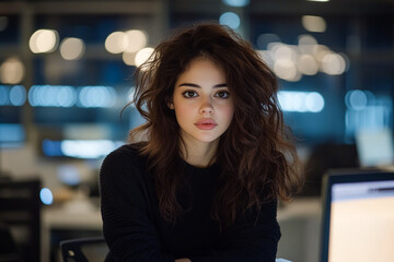 Young woman looks at camera. Headshot indoors, beauty portrait. Use for fashion, lifestyle, or marketing.