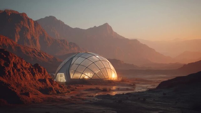Cinematic shot of a futuristic Mars colony enclosed in a transparent dome, glowing from the inside, surrounded by red dust and mountains