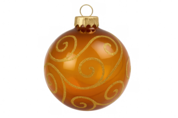 Shiny golden christmas ball ornament hanging, decorated with elegant gold swirls, isolated on a transparent background, perfect for festive designs