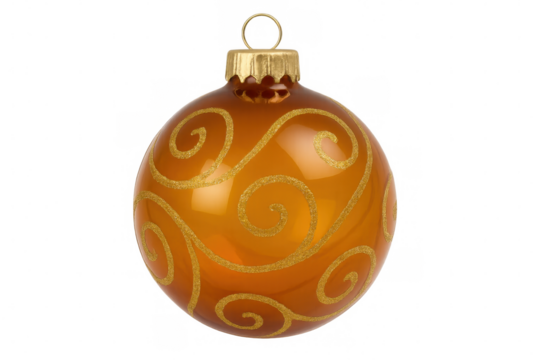 Shiny golden christmas ball ornament hanging, decorated with elegant gold swirls, isolated on a transparent background, perfect for festive designs