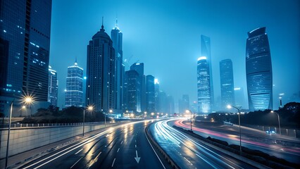 Fototapeta premium The bustling city at night is illuminated by the bright lights of skyscrapers and the blurred trails of traffic, showcasing a vibrant and modern urban landscape