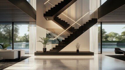 Grand villa foyer with double-height ceilings, luxurious modern staircase, minimalist artwork, and natural light flooding the space.