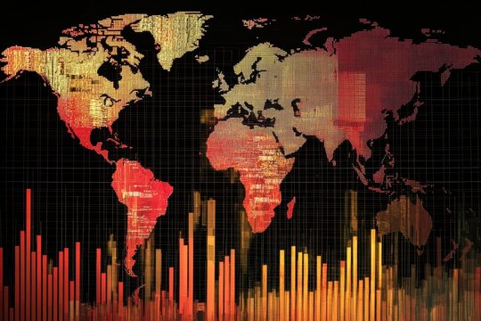 Financial data processing showcased on a world map with vibrant colors and digital graphics, financial data processing over world map on black background