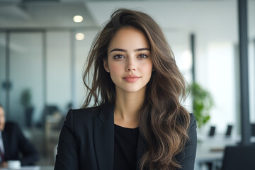 Confident Businesswoman Poses in Office. Headshot displays elegance, professionalism. Use for web, marketing, corporate communications.