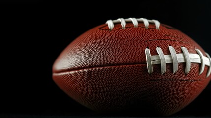 Fototapeta premium Close-up of an American football ball with textured leather and white laces on black background.