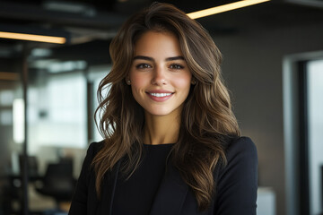 Confident businesswoman smiles at camera in modern office. Portrait for marketing, web design, corporate use.
