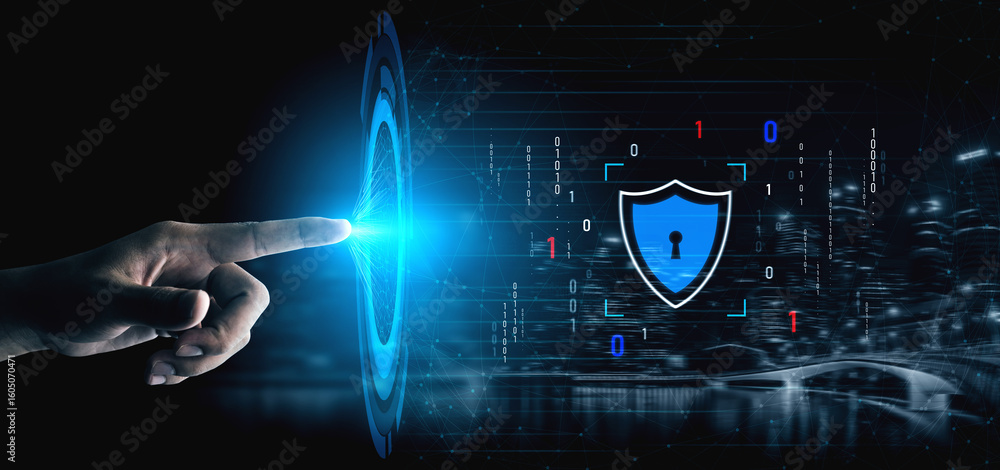 Poster cyber security protects against breaches, hacks, and network attacks using strong infrastructure and