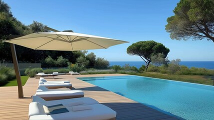 Modern pool with ocean view in Saint-Tropez, minimalist garden design and natural elegance.