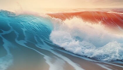 Waves crashing on the shore creating a stunning sunset reflection in bright colors of blue and orange over the ocean surface