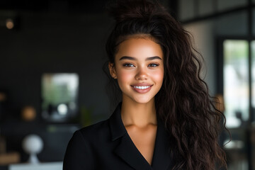 Young woman smiles confidently, wearing business attire. Portrait for marketing, design, or editorial use. Shows professionalism, beauty, diversity.