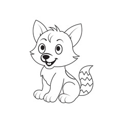 adorable cartoon baby fox sitting with happy expression in black and white line art style, ideal for kids coloring activities on white background.