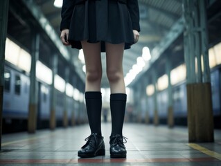 Elegant female figure in fashionable attire standing at a subway station platform with urban train backdrop