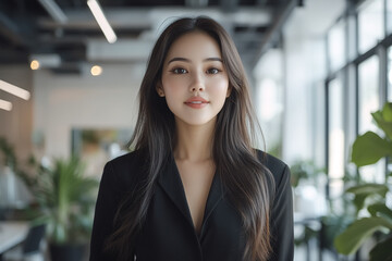 Young professional poses in modern office. Ideal for marketing, design, web, or editorial use.