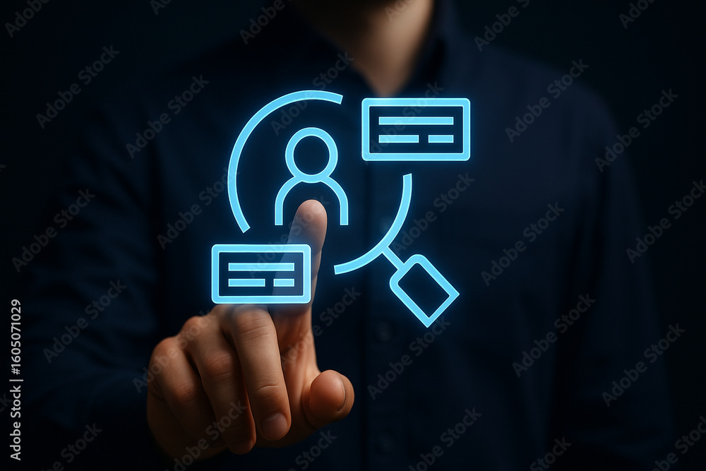 Poster professional touch interface with holographic user profile icon for business technology, data intera