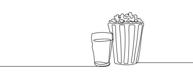 Continuous line, popcorn and cola glass, movie Simple art lines, vector on transparent background, editable strokes.