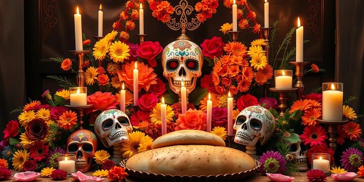 Elaborate ofrenda with sugar skulls, marigolds, candles, and pan de muerto, festive, vibrant