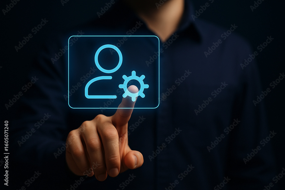Aufkleber professional hand touching holographic user settings icon interface in dark background for business 