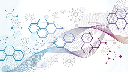 Abstract molecular structure background with hexagonal shapes and flowing lines, representing scientific research, technological innovation, and advancements in biochemistry
