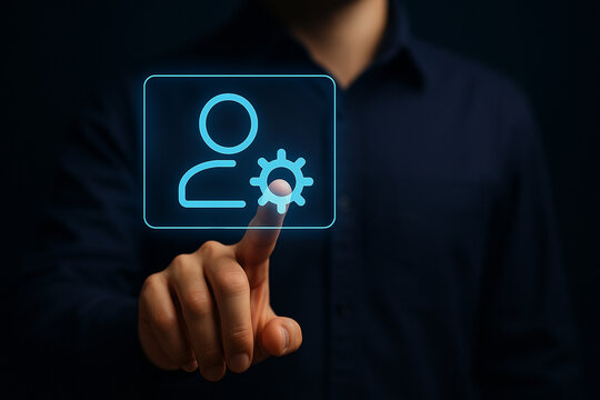 Professional Hand Touching Holographic User Settings Icon Interface in Dark Background for Business Technology Websites and Graphic Design Use