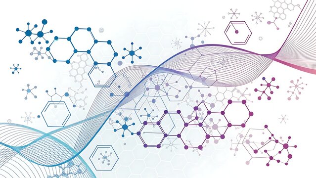 A dynamic abstract background featuring molecular structures and flowing lines, symbolizing scientific research, technological innovation, and advancements in biochemistry