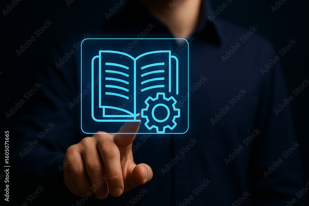 Poster man tapping glowing digital user manual icon with gear symbol in futuristic interface for technology