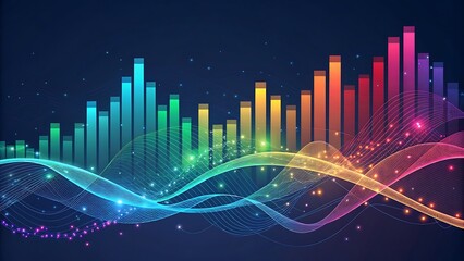 Abstract data visualization with colorful bars waves and sparkling lights on a dark blue background