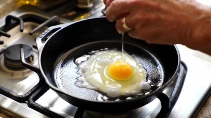 Cooking preparation sequence: cracking egg into hot frying pan for perfect breakfast - Powered by Adobe