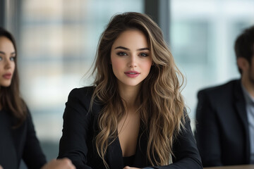 Confident businesswoman attends meeting. Image ideal for corporate websites, marketing, or business editorials.