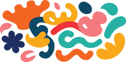 Vector art of vibrant collection of abstract colorful organic shapes and fluid forms on white isolated on transparent background.