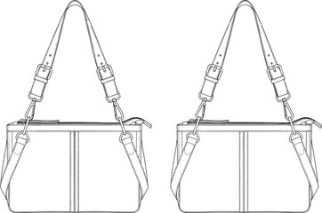 CAD drawing flat vector illustration of fashionable handbags, front and side views, braided handles, zipper details, accessory design blueprint layout