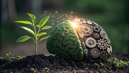 Symbolic representation of brain growth and technological advancement with plant gears and sunlight