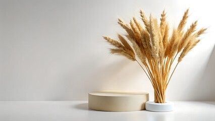 A minimalist arrangement of dried pampas grass in a vase on a pedestal