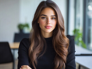 Confident woman looks directly at camera. Could be used in business, marketing, editorial, or web design.
