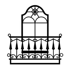 Balcony railing in intricate design and decorative  window with floral elements  