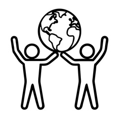 Two people holding globe above their heads in simple line art  