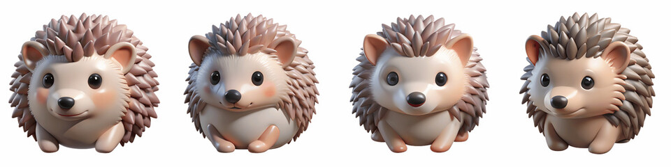 A set of four cartoon characters of a cute hedgehog in different poses and expressions isolated on transparent background