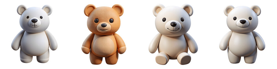 Set for Four adorable teddy bears in various colors isolated on a clean transparent background
