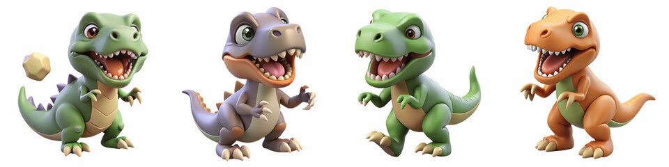 A set of four cartoon dinosaurs each a unique color isolated on transparent background