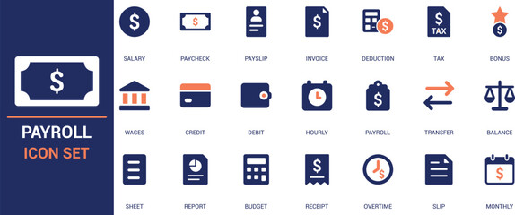 Flat vector payroll icon set featuring salary, payslip, tax, deduction, bonus, balance, report, and receipt. Ideal for HR, accounting, and finance dashboards.
