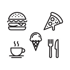 Burger pizza ice cream coffee cup fork and knife icons hamburger slice