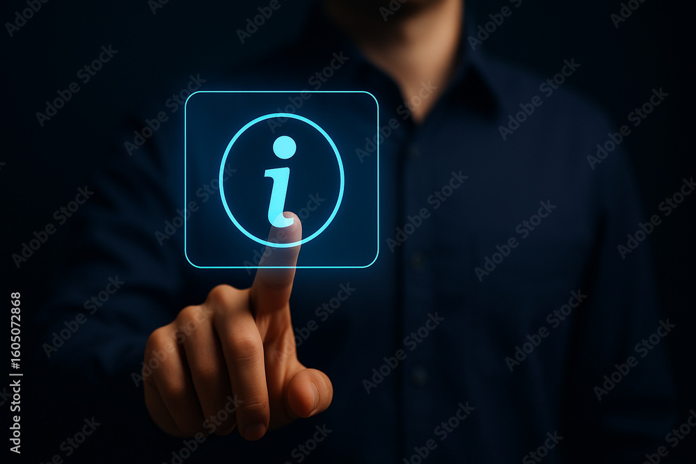 Poster man touching virtual information icon with futuristic interface in dark background for technology, w