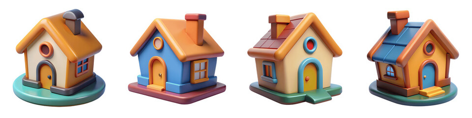 Set for Cartoon houses isolated on transparent background studio shot render architecture