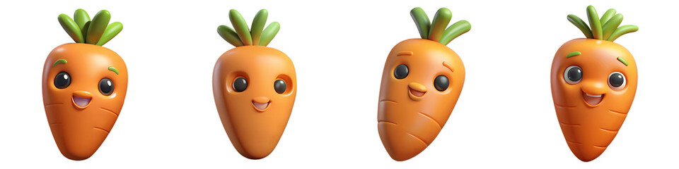 Set for Four cute cartoon carrots with happy faces isolated on a transparent background