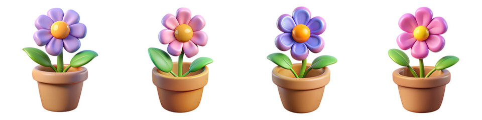 Set for Cartoon flowers in pots isolated on transparent background studio shot render floral