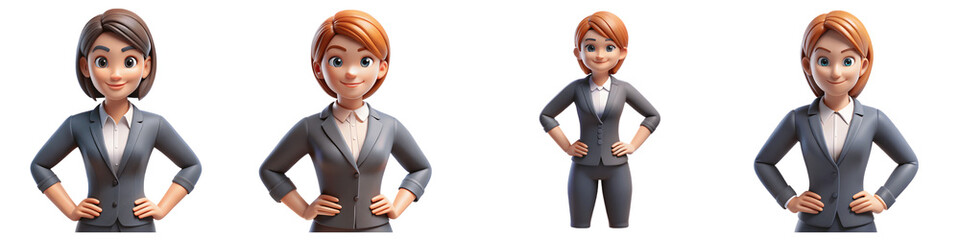 Set for Four cartoon businesswomen in suits with hands on hips isolated on transparent background